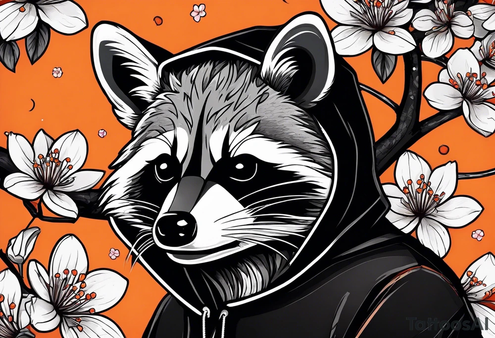 Raccoon wearing a white Superman logo on a black hoodie and orange Japanese cherry blossoms beside tattoo idea