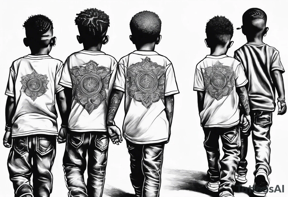 3 black school age brothers walking away together  you can see their full bodies and one is looking to the side showing the side of his face tattoo idea