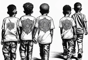 3 black school age brothers walking away together  you can see their full bodies and one is looking to the side showing the side of his face tattoo idea
