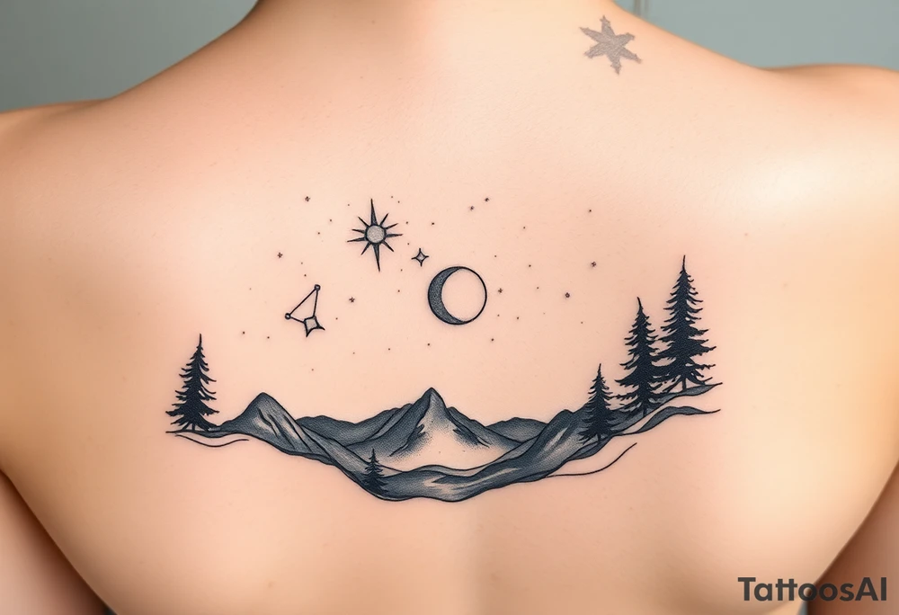 Night sky with constellation, stars & moon seen from a frame of natural landscape tattoo idea