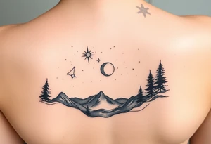 Night sky with constellation, stars  & moon seen from a frame of natural landscape tattoo idea