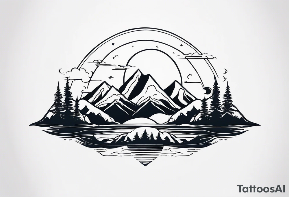 I want to 2 different tattoo design, but they will be in a matching style.
First tattoo will be mountains with a sunrise.
second tattoo will be sea with sunset. tattoo idea