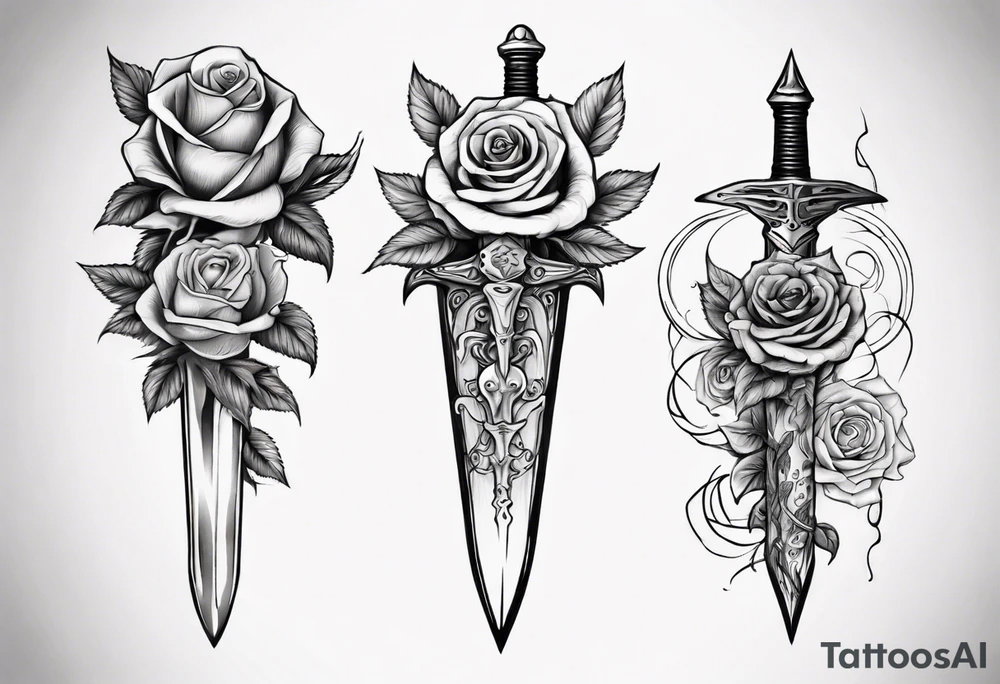 Dagger surrounded by roses tattoo idea