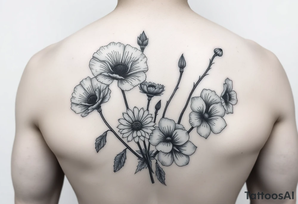 poppy, gladiolus, holly, narcissistic, daisy, and sweet pea tattoo idea
