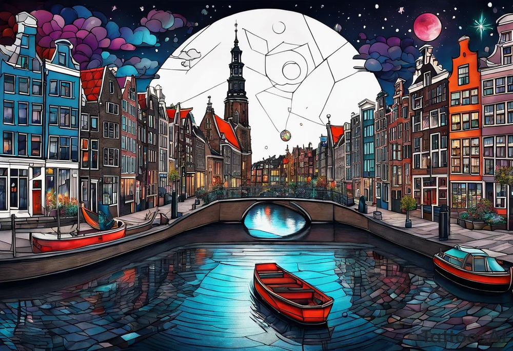 Tattoo of wolf and stag in Amsterdam featuring Amsterdam buildings and canal in galaxy colours featuring glass tattoo idea