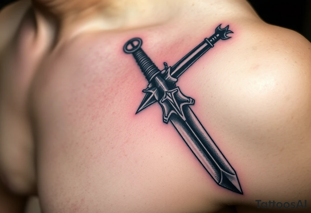 A close-up of a Templar gauntlet gripping a broadsword, with the blade reflecting flames and shadows, symbolizing power and devotion tattoo idea