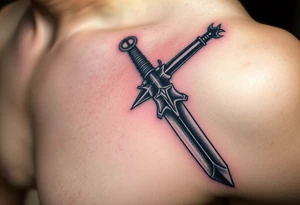 A close-up of a Templar gauntlet gripping a broadsword, with the blade reflecting flames and shadows, symbolizing power and devotion tattoo idea