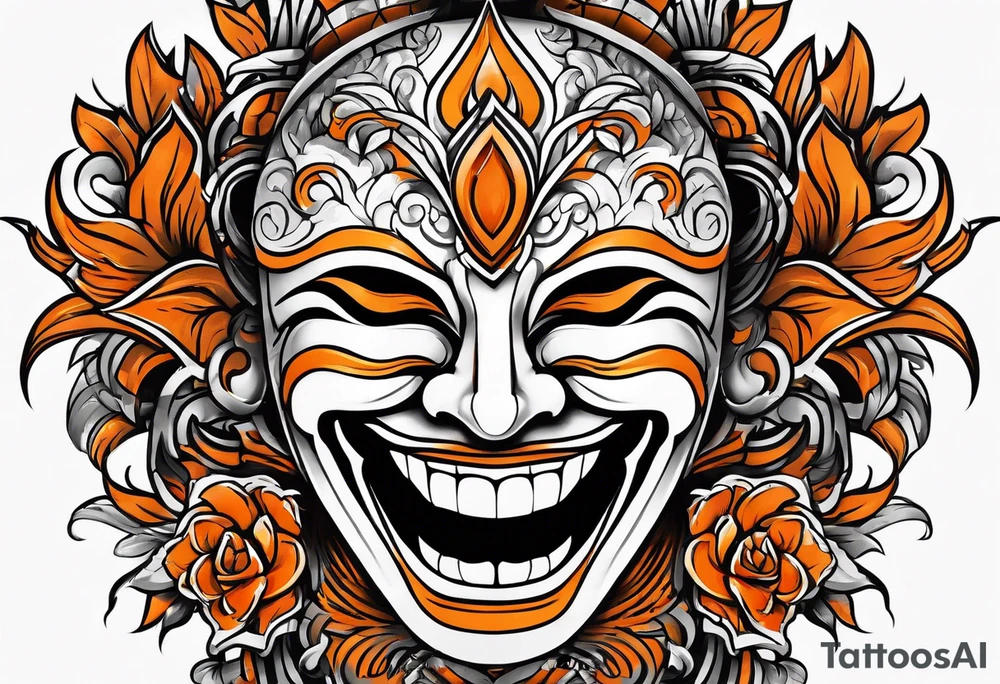 Laughing mask that is orange and black simplistic tattoo idea