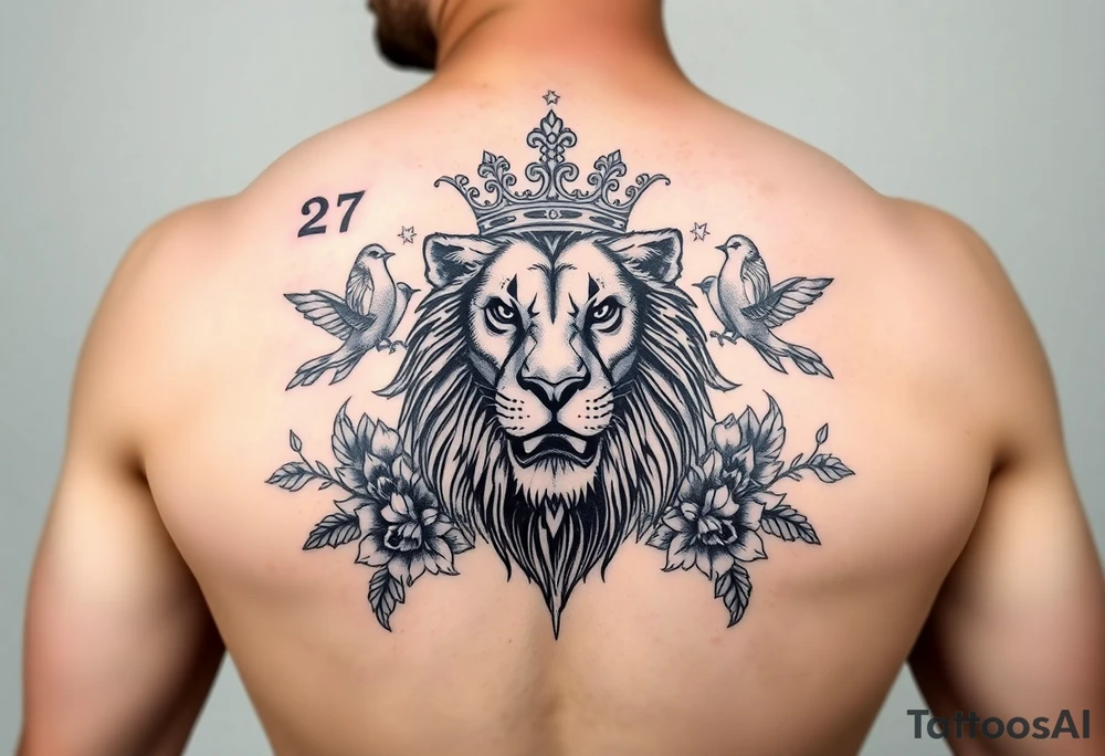 powerful majestic lion with a crown, surrounded by floral ornaments and birds tattoo idea