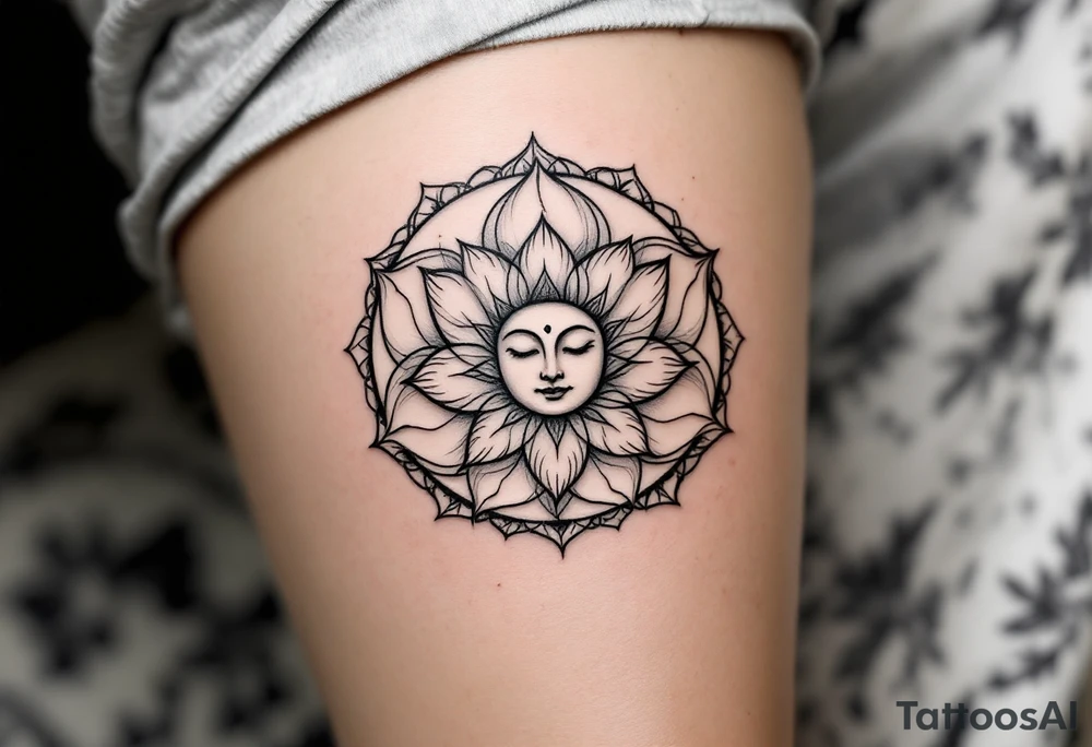 "Sacred Circle of the Lotus" – A delicate lotus flower in a circle shape, with the petals soft and flowing outward. In the center, a subtle Buddha's face or a small Om symbol to represent inner peace and enlightenment. tattoo idea