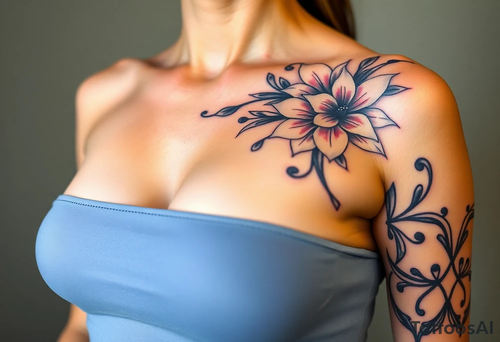 This tattoo is on a woman. It starts on her left side of the chest on the pectoral with a Glaiolus and Daisy together, then the tattoo rises over the left shoulder and down the arm and ends at the elbow. The tattoo will include a primroses, Calla Lilys, and Lillys. It will be light on color except in the petals and has light shading to make it pop. It will not wrap around the chest but rather bloom upwards from the pectoral and spill over the shoulder and down to the elbow. tattoo idea