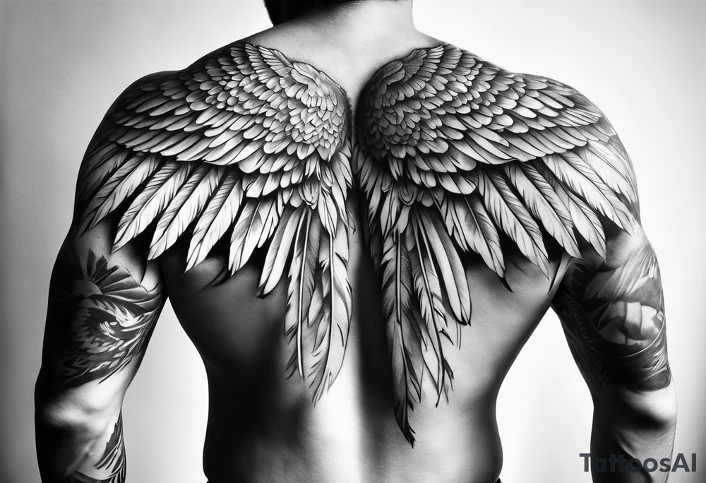 wings tattoo extending from a mens shoulders, covering the upper arms and upper back. The feathers are intricately detailed, with soft shading in black and gray to create depth and texture. tattoo idea