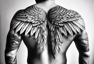 wings tattoo extending from a mens shoulders, covering the upper arms and upper back. The feathers are intricately detailed, with soft shading in black and gray to create depth and texture. tattoo idea