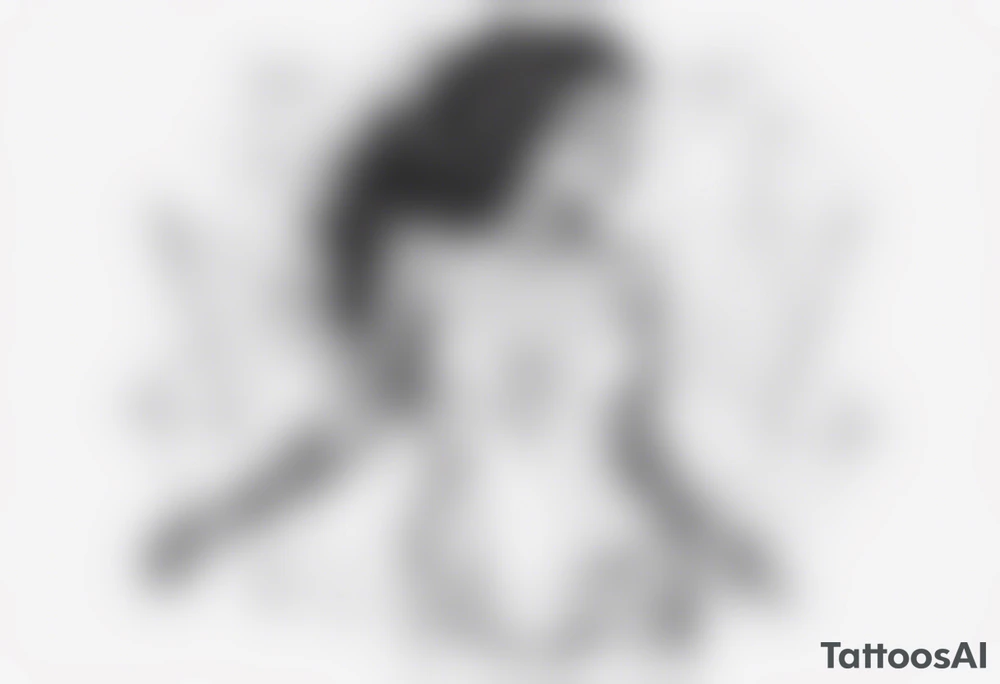 ![Image](file-service://file-28yDVXZtoOR5ZckIvEQ7gtFA)Delicate Black and white tattoo with a woman (entire body) dancing. showing that a lion (only head) is shadowing her. Use triangles and dot work. tattoo idea