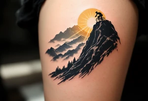 A silhouette of a cyclist riding up a steep mountain, with golden sun rays breaking through the clouds, capturing the essence of perseverance. tattoo idea