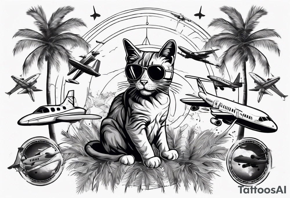 cat in a mask with palm trees and airplanes in the background tattoo idea