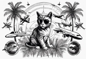 cat in a mask with palm trees and airplanes in the background tattoo idea
