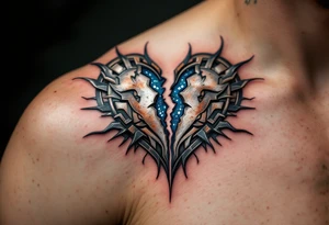 A metallic heart split down the middle, rusting at the edges with blue circuitry exposed inside, symbolizing a lost but once-powerful connection. tattoo idea