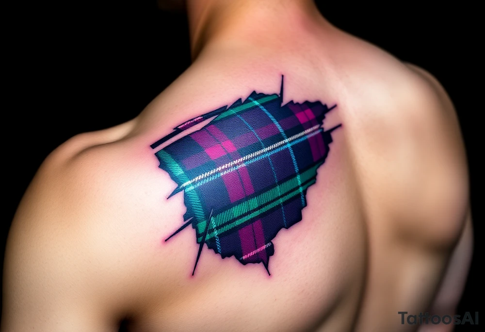 Dark Purple with green pink blue and white highlights tartan fabric on bicep with skin ripping away to reveal tartan underneath tattoo idea