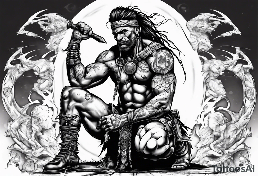 Savage warrior kneeling with the world on his shoulders tattoo idea