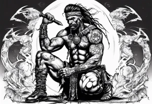 Savage warrior kneeling with the world on his shoulders tattoo idea