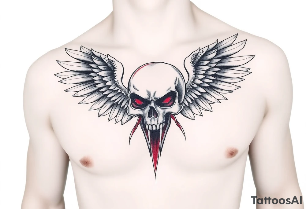 Angel skull black and red on left chest male tattoo idea