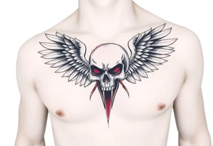 Angel skull black and red on left chest male tattoo idea