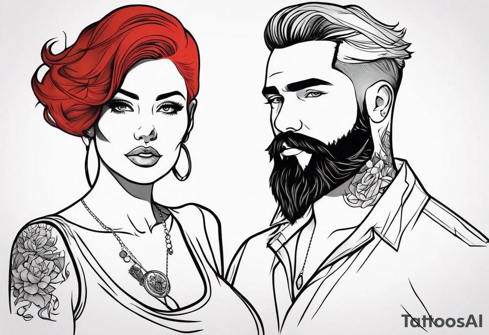 Busty Red haired woman with black haired bearded man tattoo idea
