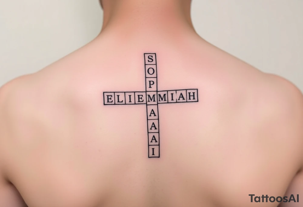 crossword style tattoo with the names 
Sophia, Elijah, Jeremiah, Isaiah, Josiah tattoo idea