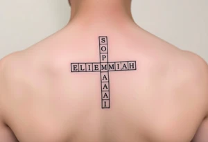 crossword style tattoo with the names 
Sophia, Elijah, Jeremiah, Isaiah, Josiah tattoo idea