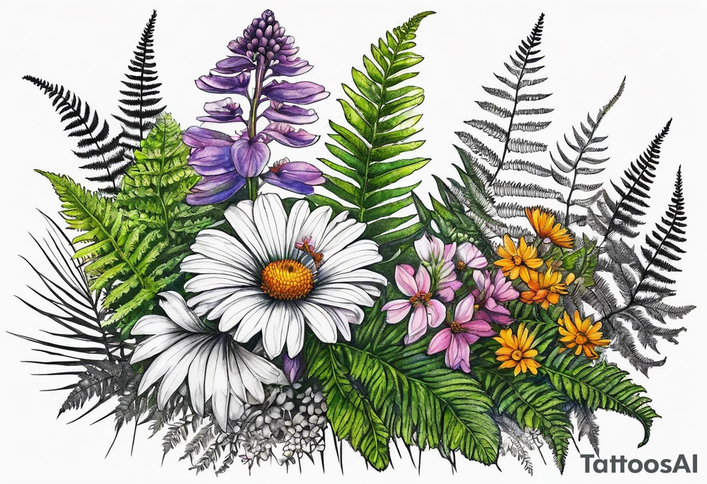 saturated mixed wildflower with ferns and with color tattoo idea