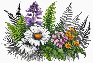 saturated mixed wildflower with ferns and with color tattoo idea