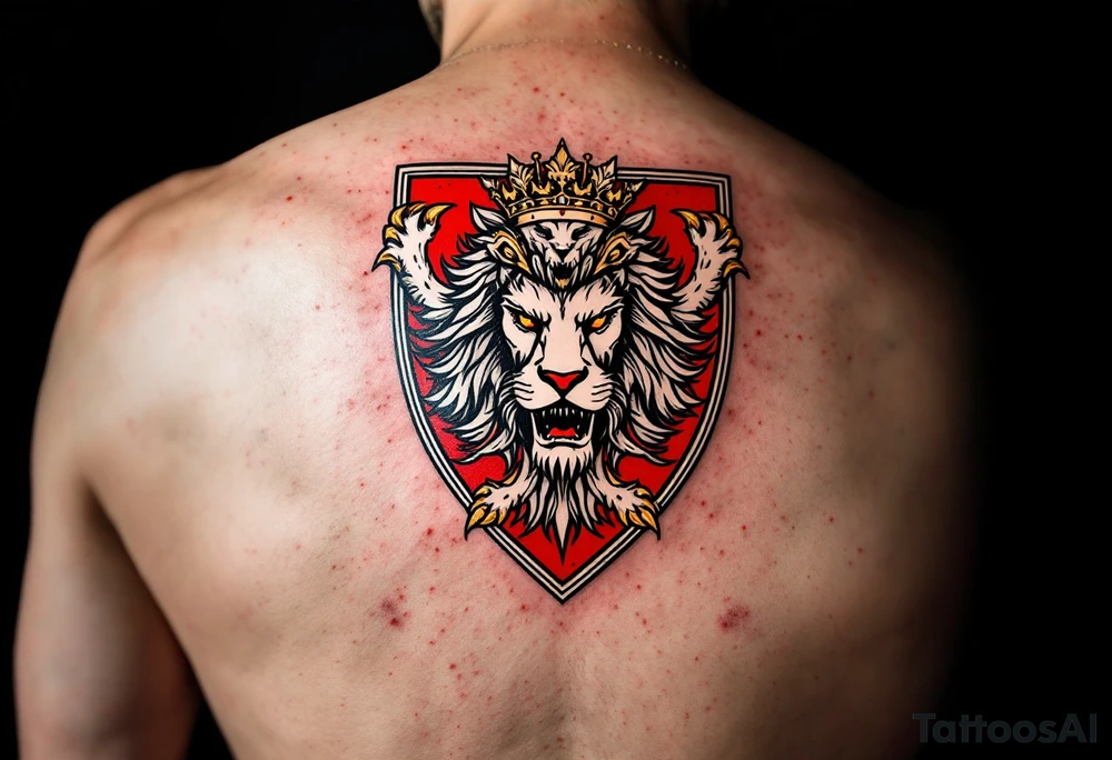 A bold red shield featuring a white double-tailed lion with golden claws and a crown, representing Czech history and strength. tattoo idea