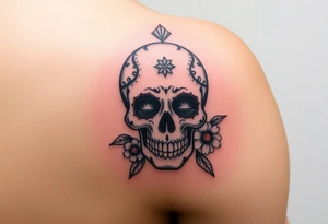 Masculine sugar skull with diamonds and daisy tattoo idea