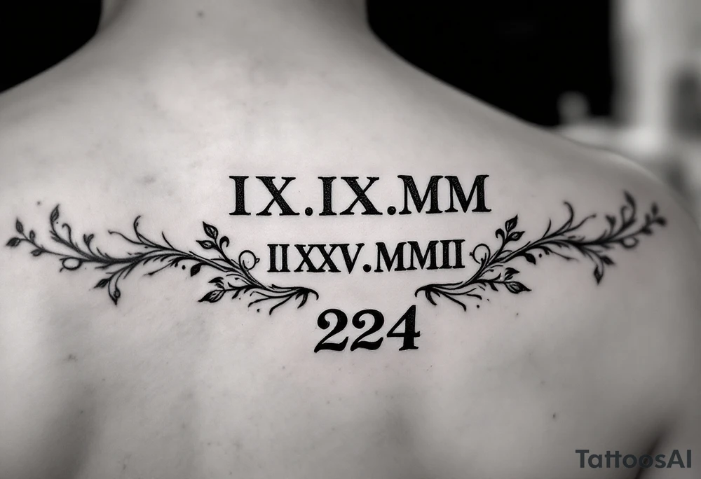 Roman numeral dates IX.IX.MM and II.XXV.MMII with a space between them in a balanced and symmetrical layout, along with the number 224 tattoo idea