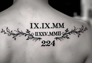 Roman numeral dates IX.IX.MM and II.XXV.MMII with a space between them in a balanced and symmetrical layout, along with the number 224 tattoo idea