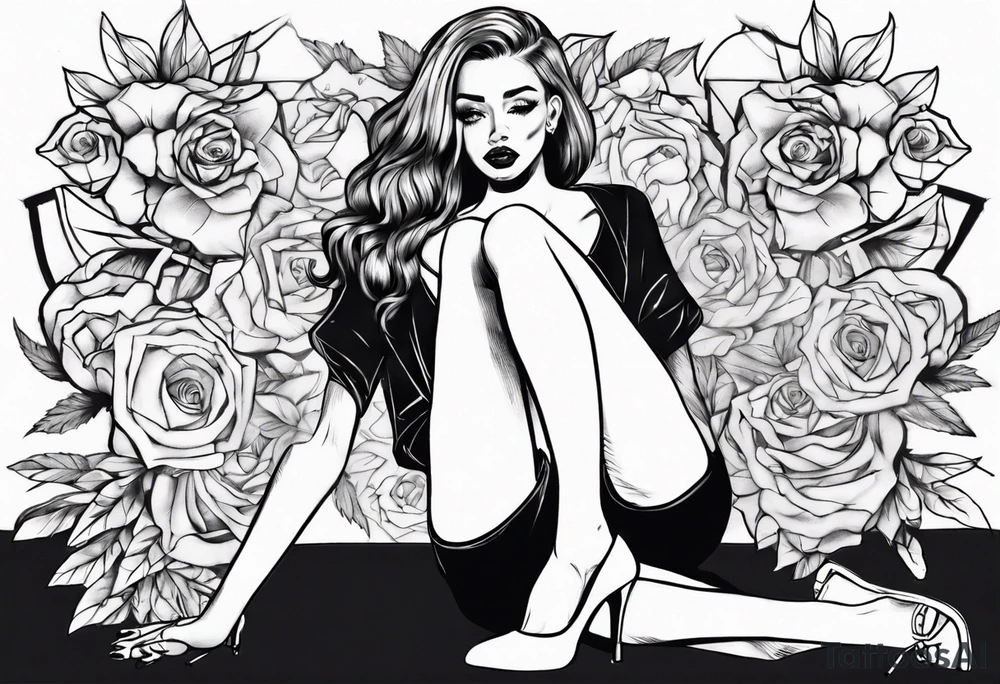 A girl in heels sits on the floor with her legs wide open tattoo idea