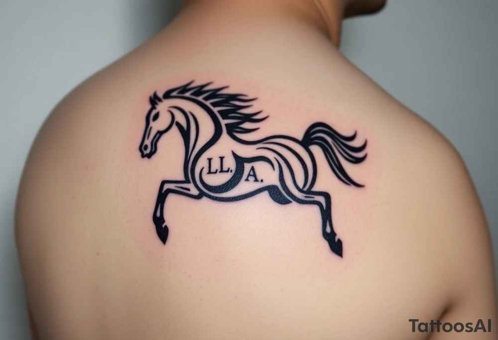 horse silhouette 
from the front which gallops from the front, with the 3 small letters discreetly integrated: L, A, M tattoo idea