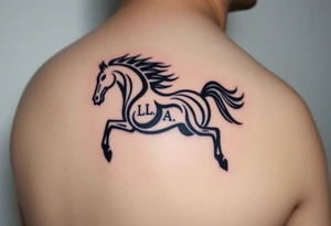 horse silhouette 
from the front which gallops from the front, with the 3 small letters discreetly integrated: L, A, M tattoo idea