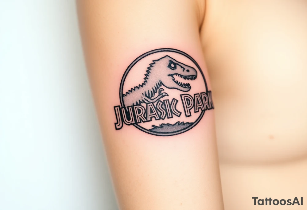 Jurassic Park logo with the dinosaur holding a stick tattoo idea