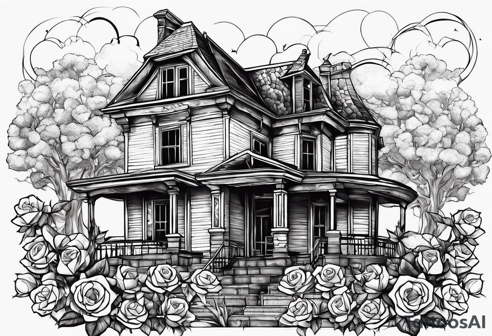 abandoned old house, broken sword, roses, тату рукав tattoo idea