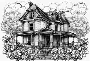 abandoned old house, broken sword, roses, тату рукав tattoo idea