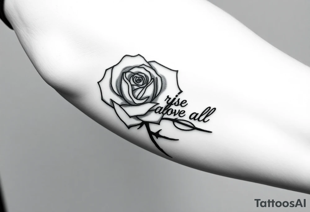 rose tattoo with thorns saying rise above all tattoo idea