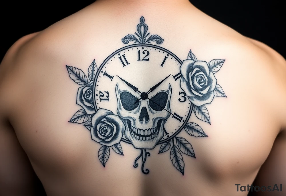 Clock face 11:43 as set time. With roses and skull tattoo idea