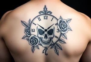 Clock face 11:43 as set time. With roses and skull tattoo idea