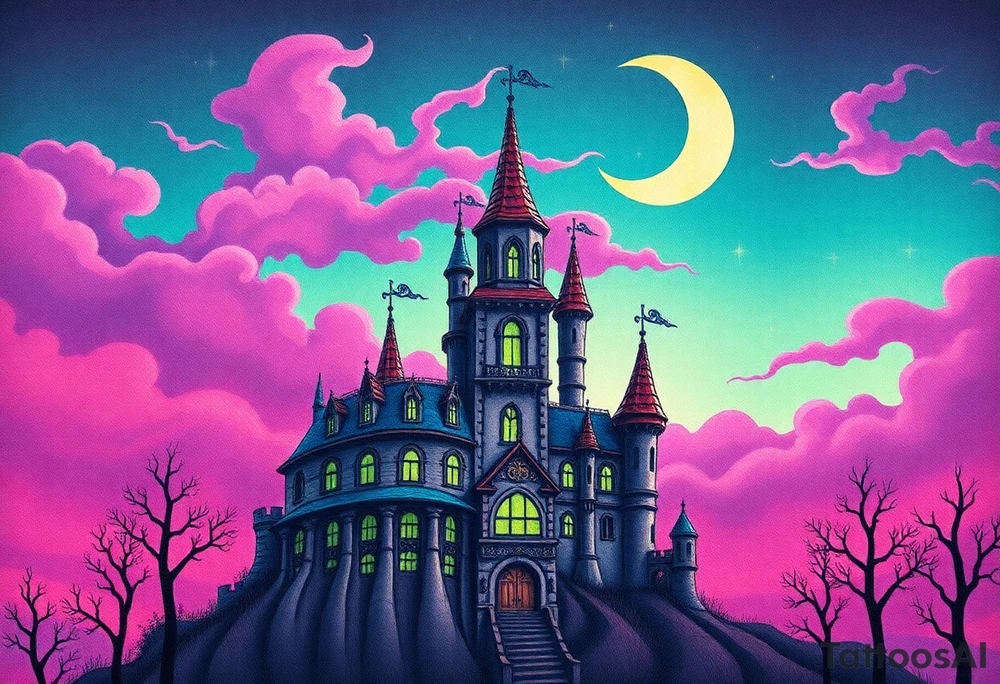 Tim Burton’s disney sleeping beauty’s haunted castle is abandoned and dripping with muted reds, dusty pinks, and eerie green glow.purple and cyan smokey clouds swirl in the crescent moonlit sky thats sprinkled with stars tattoo idea tattoo idea