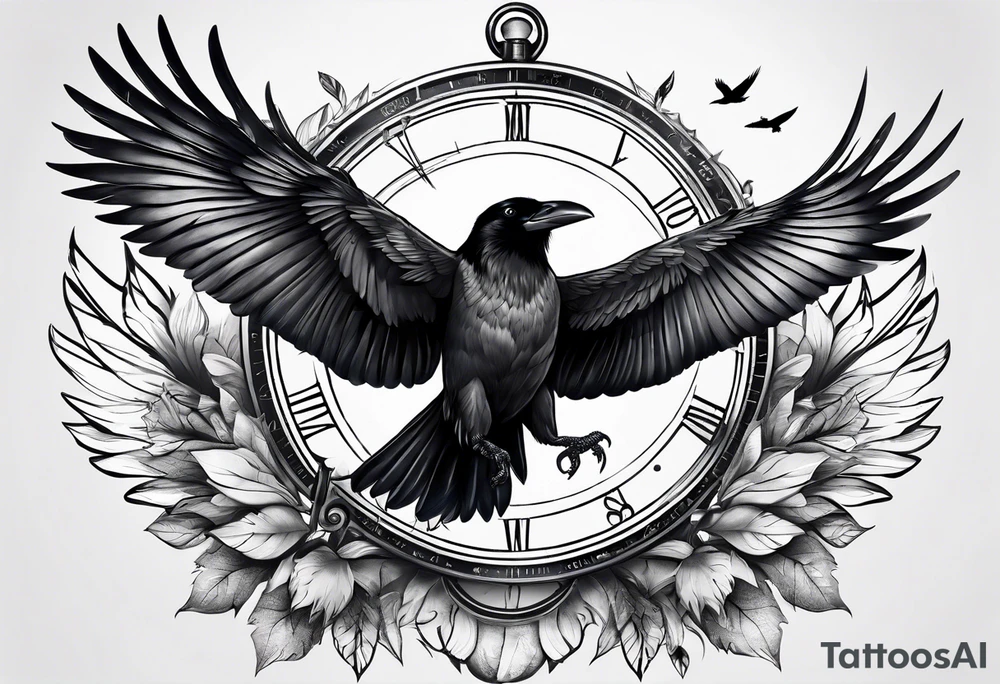 flying crow with compass tattoo idea