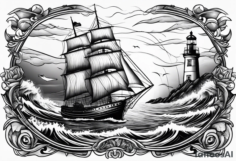 Sailboat on crashing waves with lighthouse in background tattoo idea