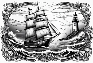 Sailboat on crashing waves with lighthouse in background tattoo idea