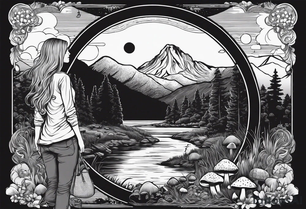 Whole picture encircled fully

Straight long blonde hair hippie girl in distance holding mushrooms in hand facing away toward mountains and creek surrounded by mushrooms long sleeve shirt and hiking pants; whole rendering within a full circle, no cut off circle tattoo idea